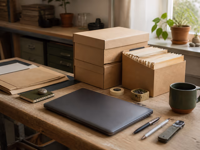 Boîtes de classement, ordinateur et carnets sur une table de travail